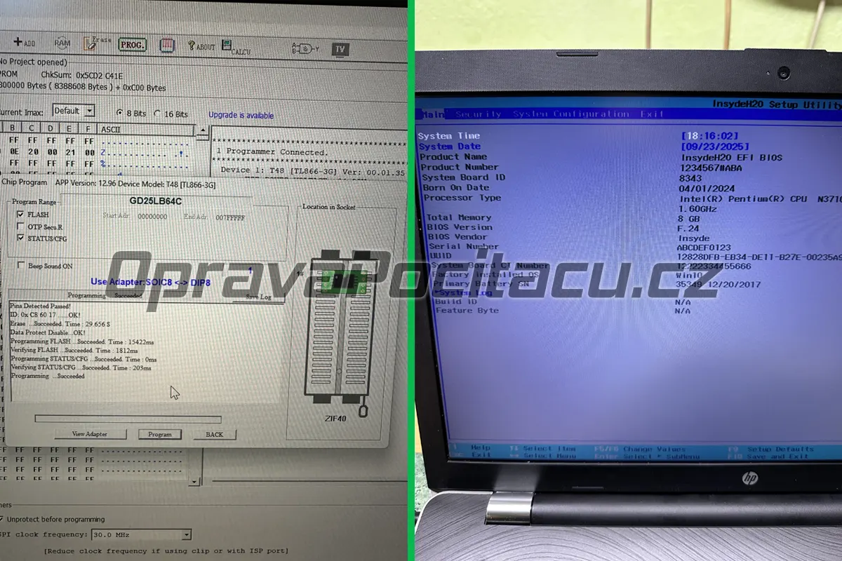 Programování BOISu u notebooku HP 17-bs018nc, který nešel zapnout - bliká caps lock, 5 dlouze a 3 krátce